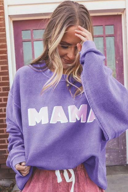 Purple MAMA Ribbed Crew Neck Pullover Sweatshirt - Chic Meadow Boutique 