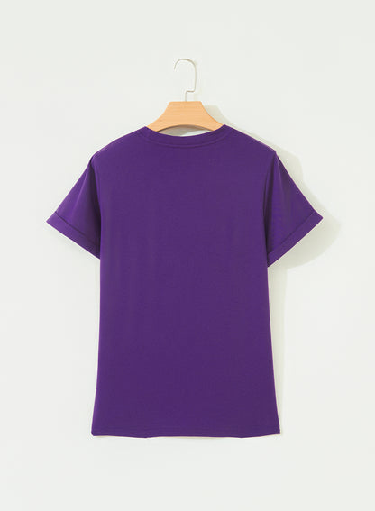 Tillandsia Purple Casual Plain Crew Neck Tee