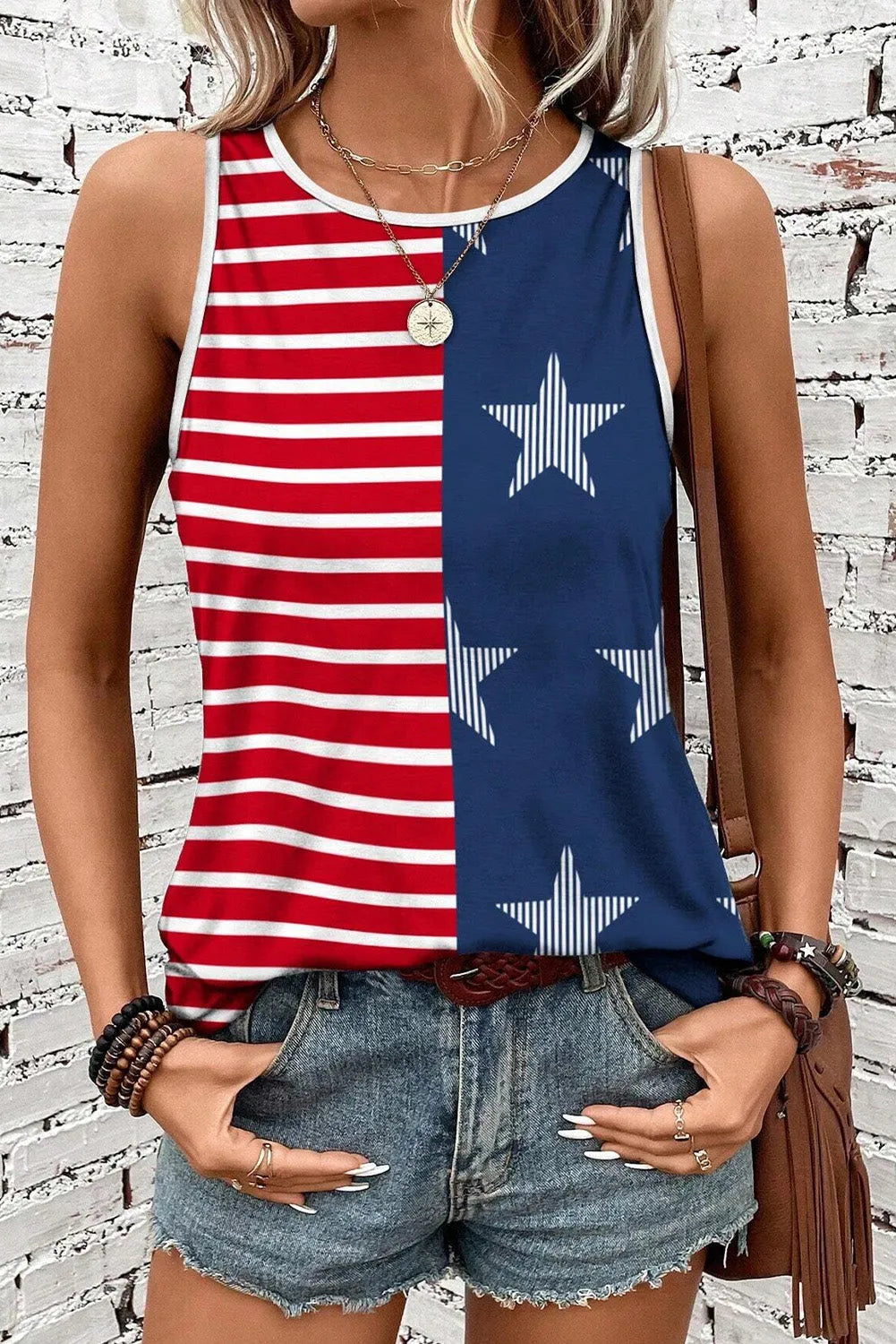 Red USA Flag Printed Round Neck Tank Top - Chic Meadow Boutique 