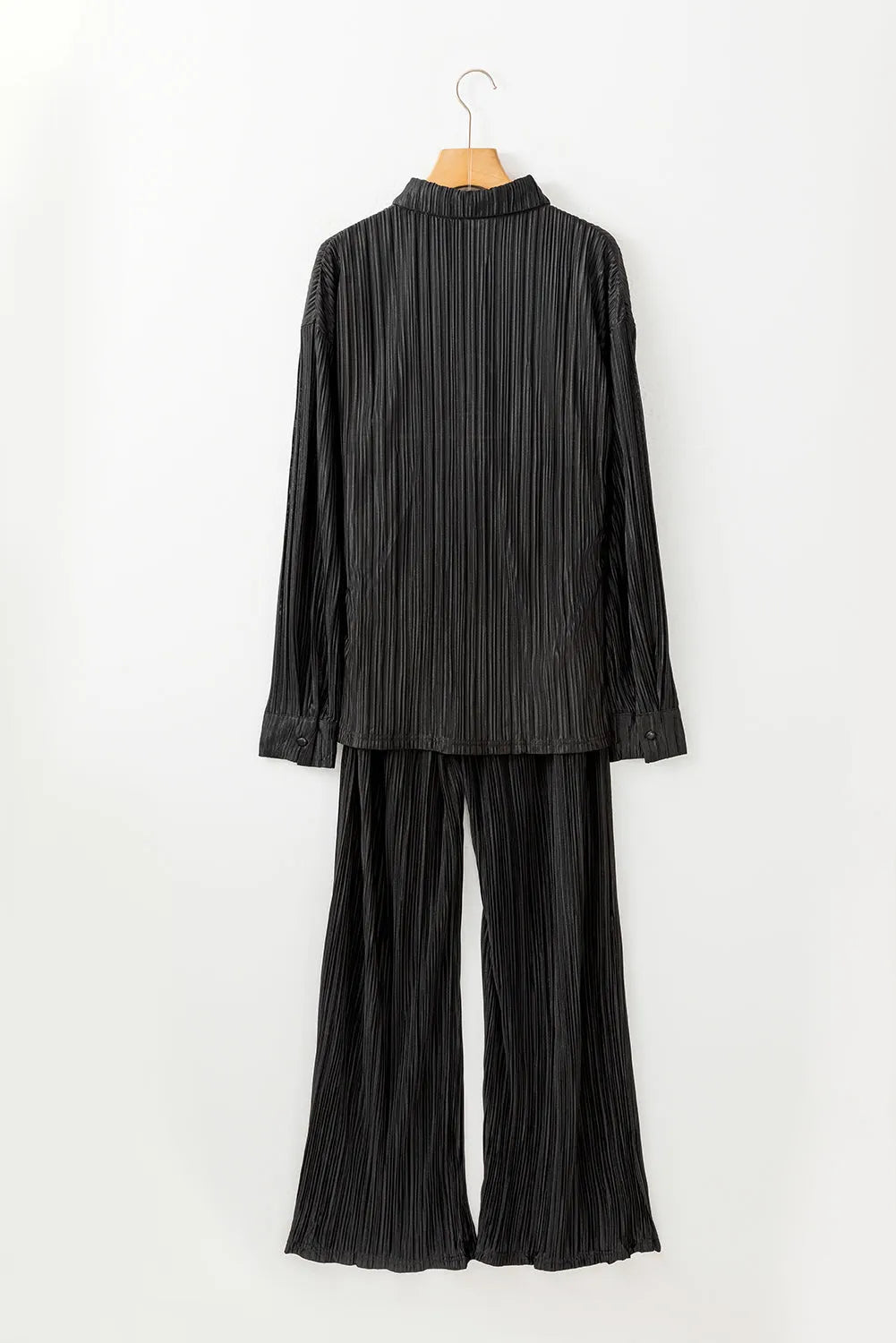 Black Pleated Long Sleeve Shirt and Wide-Leg Pants Set - Chic Meadow Boutique 