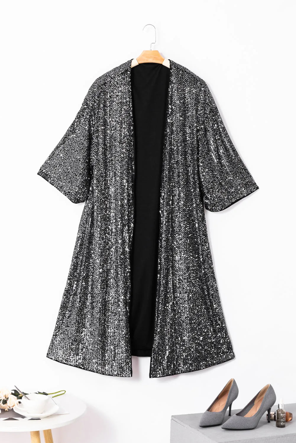 Silvery Sequin 3/4 Sleeve Kimono - Chic Meadow Boutique 