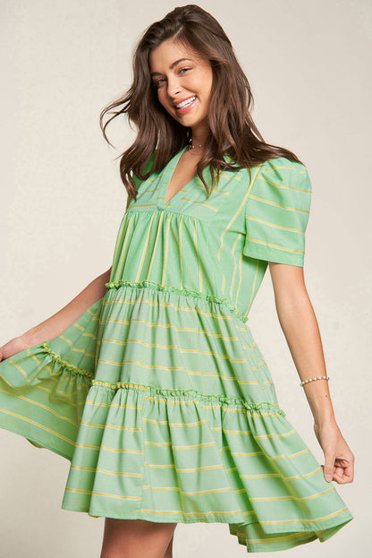 Green Stripe V Neck Short Sleeve Frilled Detail A-line Dress