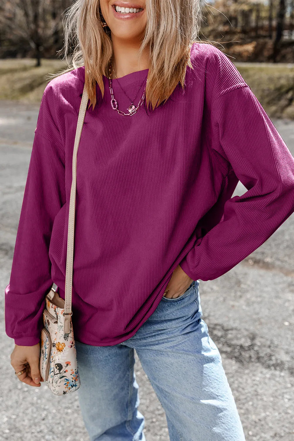 Festival Fuchsia Ribbed Corduroy Oversized Sweatshirt - Chic Meadow Boutique 