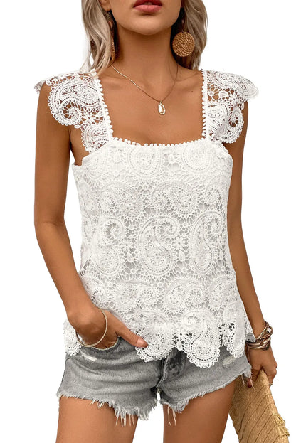 White Lace Crochet Ruffled Square Neck Tank Top - Chic Meadow Boutique 