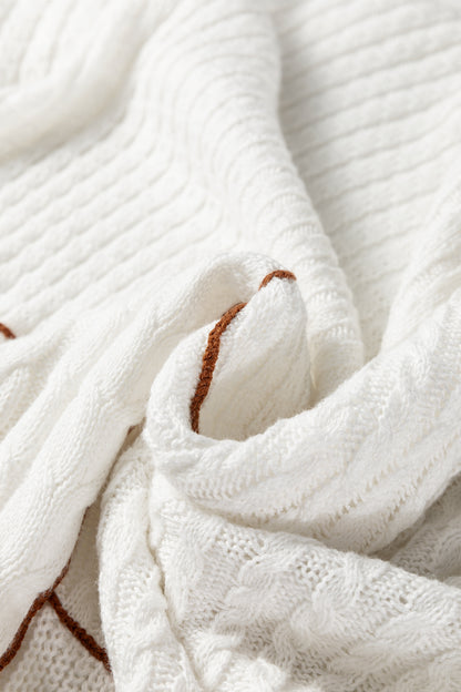 White Mix Texture Patchwork Contrast Stitch Mock Neck Sweater