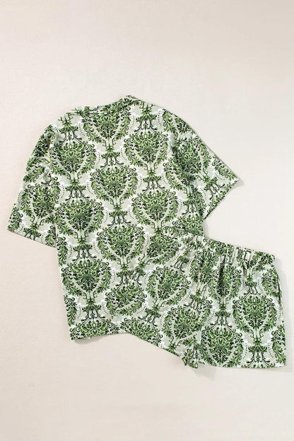 Two Piece Sets/Short Sets Green Vintage Floral Print Open Top and Shorts Outfit