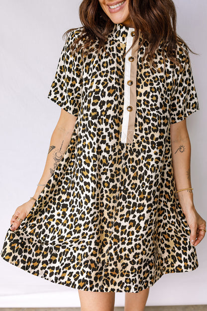 Multicolour Half Buttons Short Sleeve Loose Leopard Mini Dress with Pockets