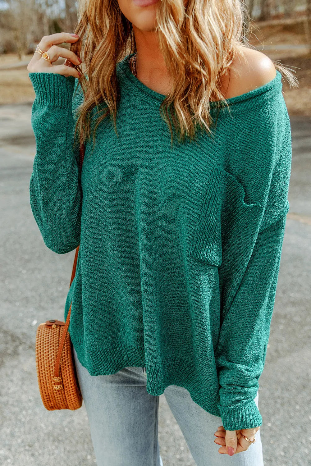 Green Solid Color Off Shoulder Rib Knit Sweater with Pocket - Chic Meadow Boutique 