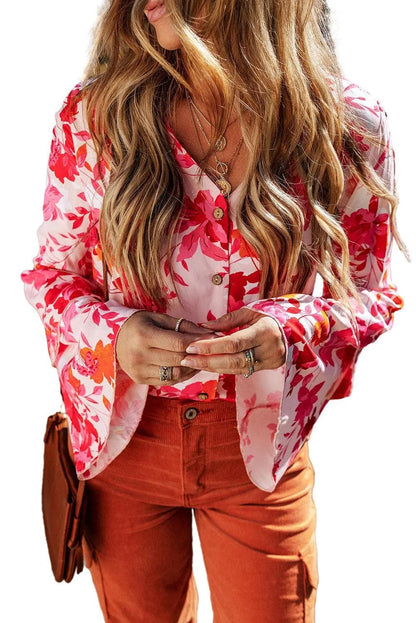 Tops/Bodysuits Pink Floral Print Tiered Bell Long Sleeve Buttoned Bodysuit