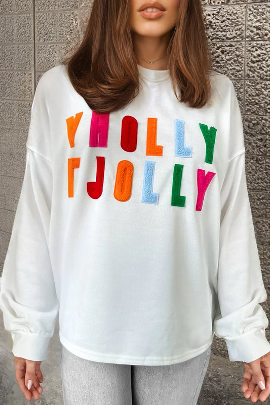 White HOLLY JOLLY Chenille Embroidered Plus Size Sweatshirt - Chic Meadow Boutique 