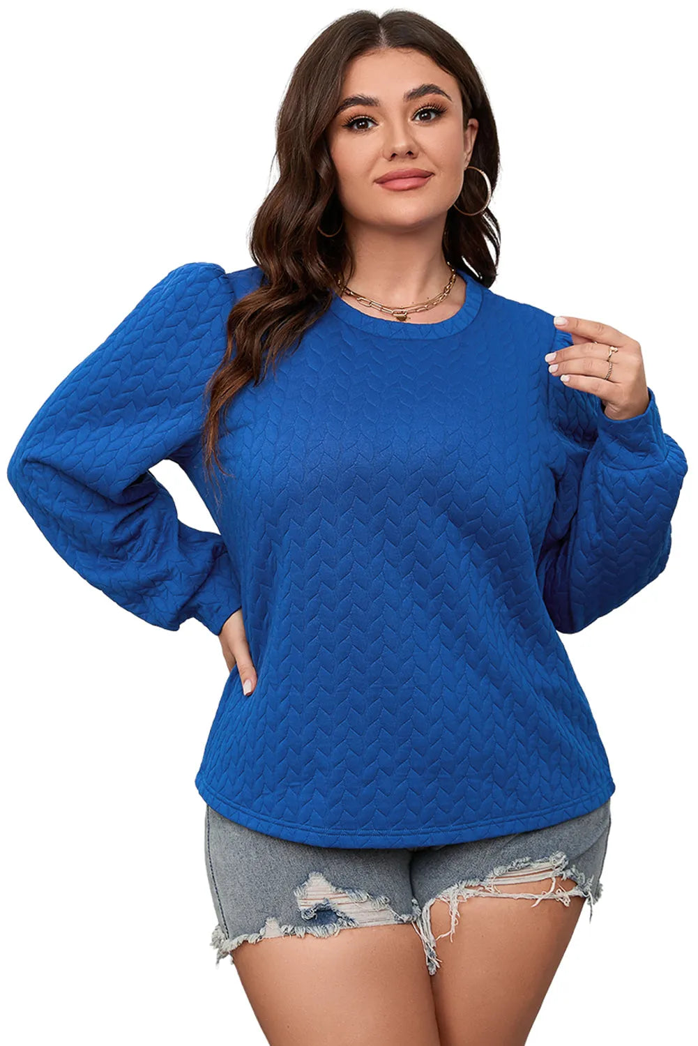 Dark Blue Cable Pattern Puff Sleeve Plus Size Top - Chic Meadow Boutique 