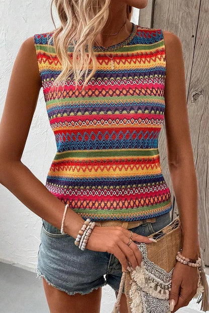 Tops/Tank Tops Yellow Ethnic Wavy Pattern Round Neck Sleeveless Top