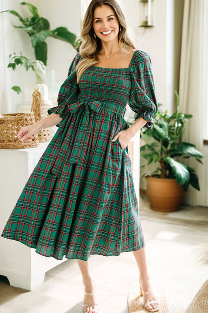 Green Tartan Plaid Square Neck Puff Sleeve Knot Waist Flared Midi Dress