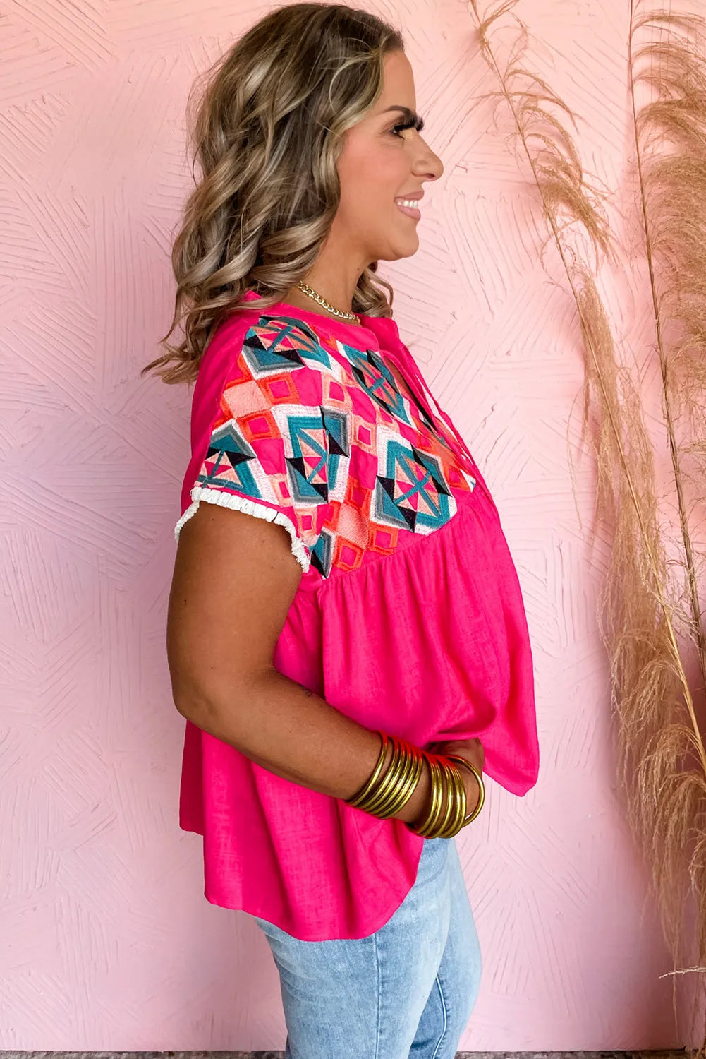 Strawberry Pink Geometric Embroidered Tassel Tie V Neck Blouse - Chic Meadow Boutique 