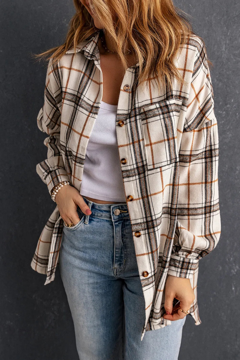 White Oversized Plaid Pattern Shacket with Slits - Chic Meadow Boutique 