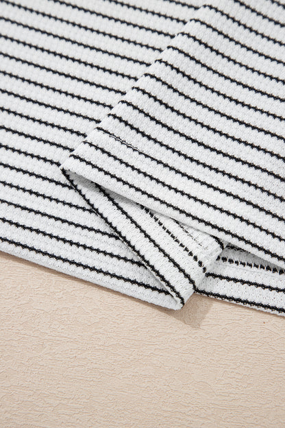 White Stripe Contrasted Ruffle Trim Loose Long Sleeve Top