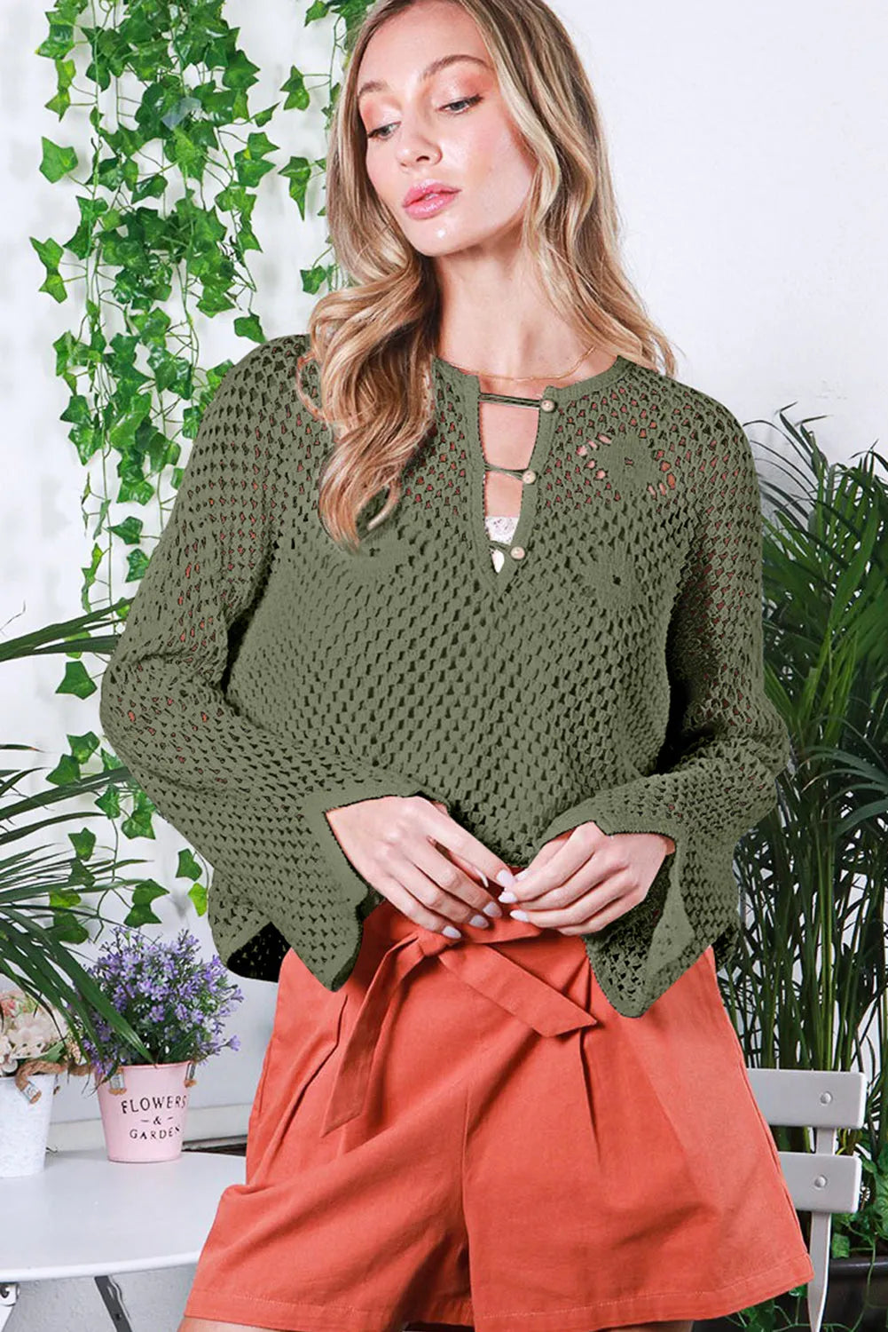 Vineyard Green Open Knit Buttoned Neck Split Sleeve Sweater - Chic Meadow Boutique 