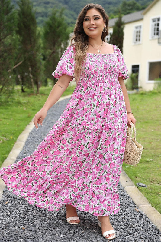 Plus Size/Plus Size Dresses/Plus Size Maxi Dresses Pink / 1X / 100%Polyester Pink Plus Size Floral Print Smocked Puff Sleeve Dress