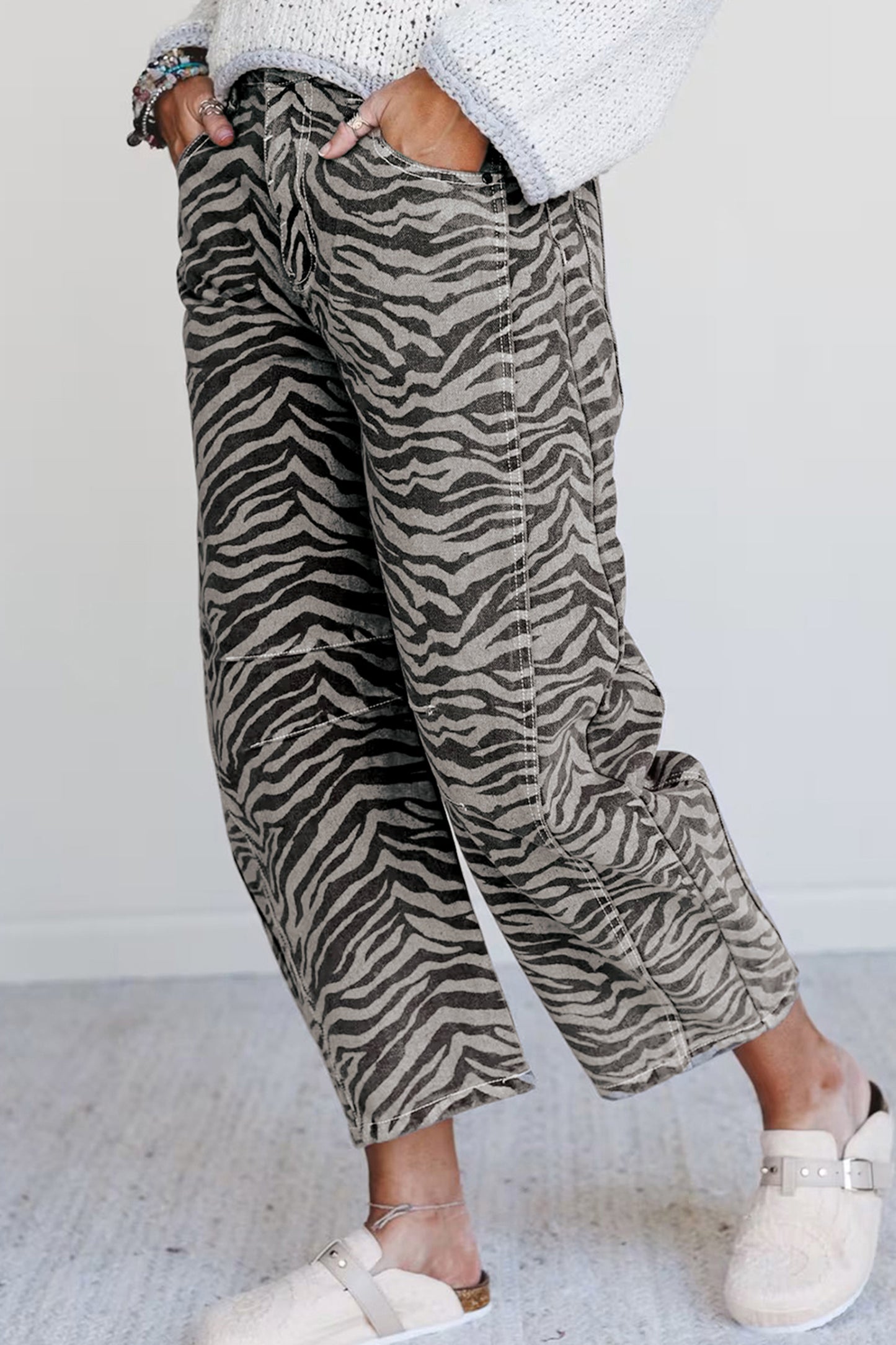 Gray Zebra Stripe Printed Wide Leg Jeans