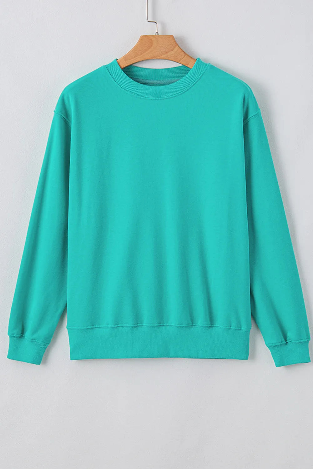 Aruba Blue Plain Drop Shoulder Crewneck Pullover Sweatshirt - Chic Meadow Boutique 