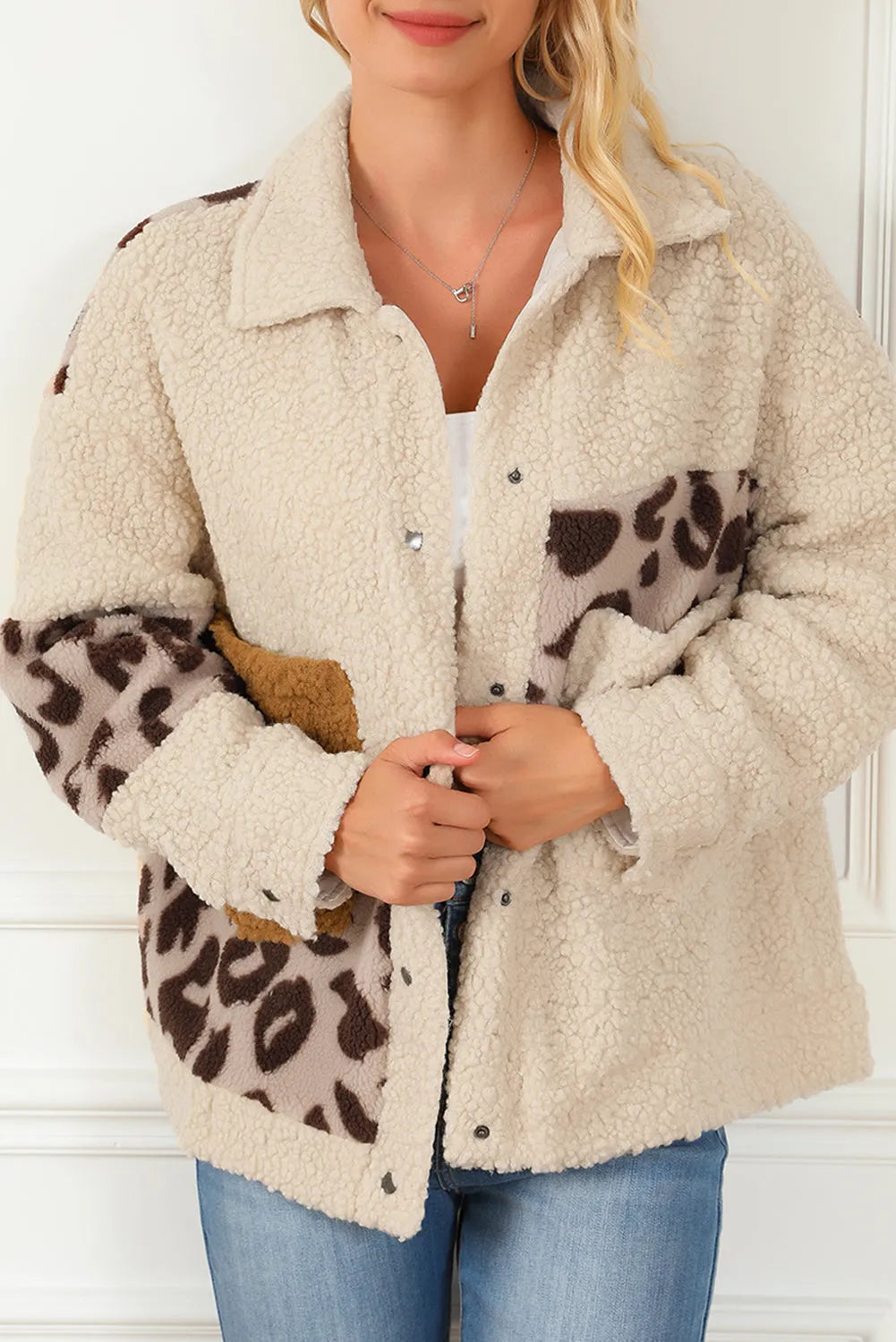 Beige Leopard Patchwork Snap Buttons Sherpa Jacket - Chic Meadow Boutique 