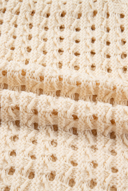 Beige Hollowed Pattern Knit Zip Up Drop Shoulder Sweater Cardigan