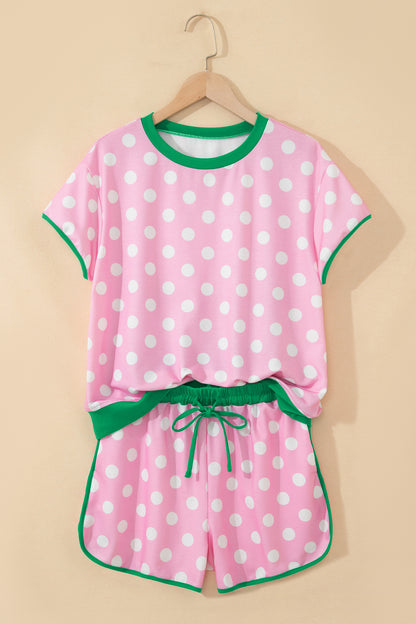 Pink Polka Dot Contrast Edge Casual Short Set