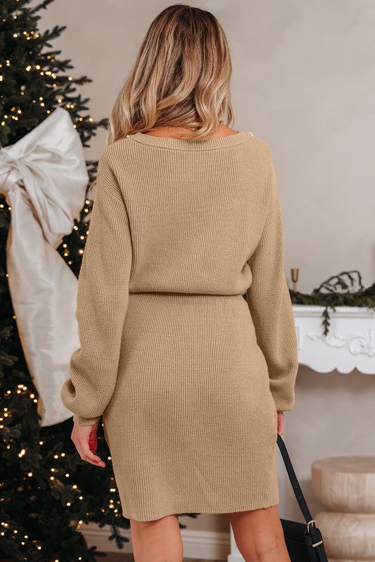 Smoke Gray Pearl Embellished Keyhole Ribbed Sweater Dress