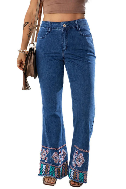 Ashleigh Blue Geometric Embroidered Raw Hem Flared Jeans - Chic Meadow Boutique 