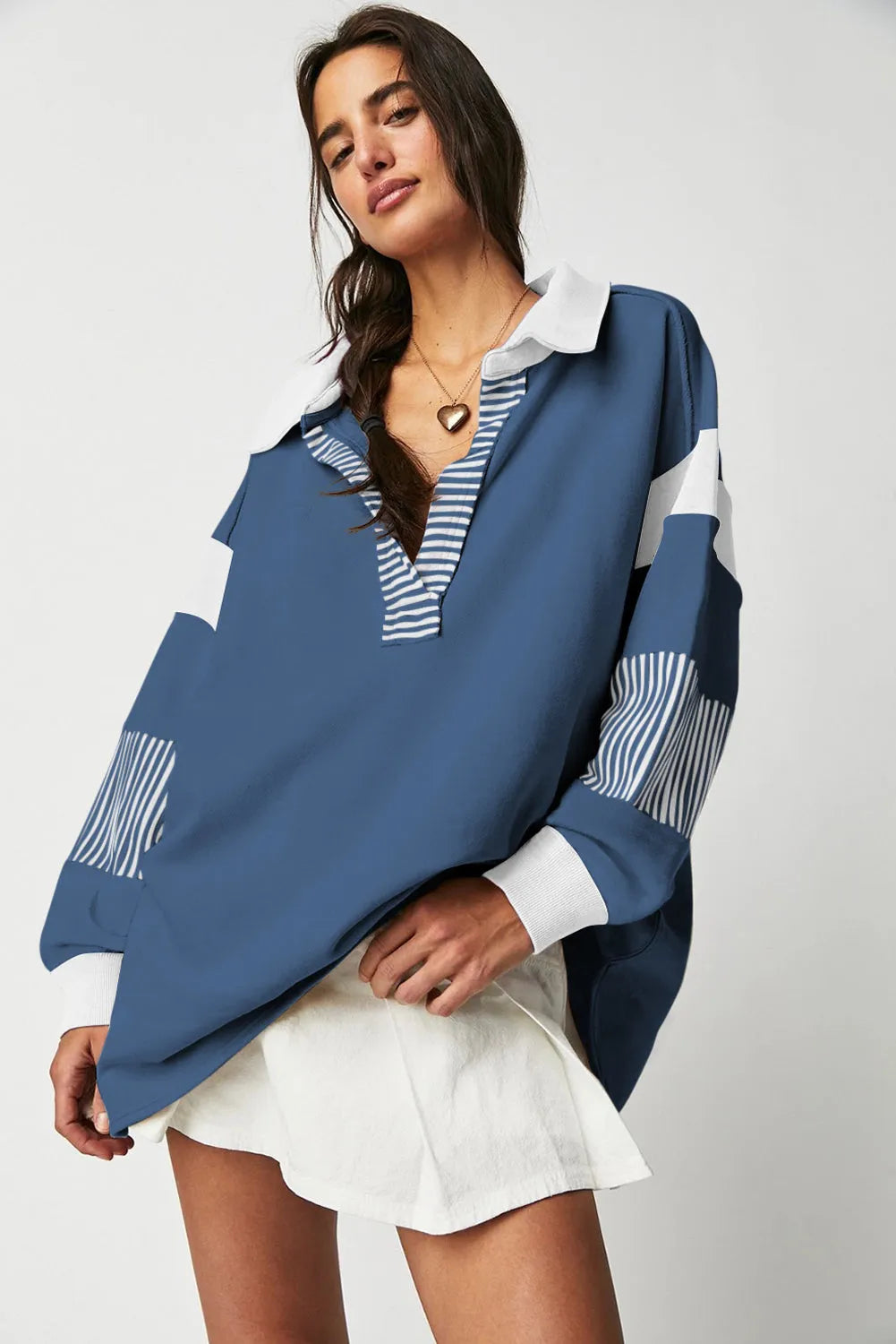 Sail Blue Striped Colorblock Patchwork Collar Sweatshirt - Chic Meadow Boutique 