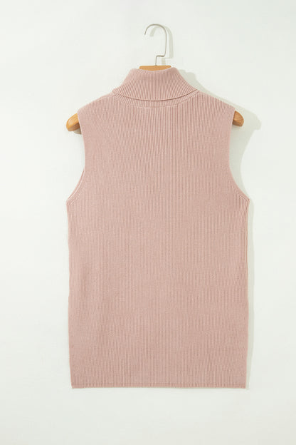 Light French Beige Sleeveless High Neck Knit Split Hem Shift Silhouette Wool Sweater Vest