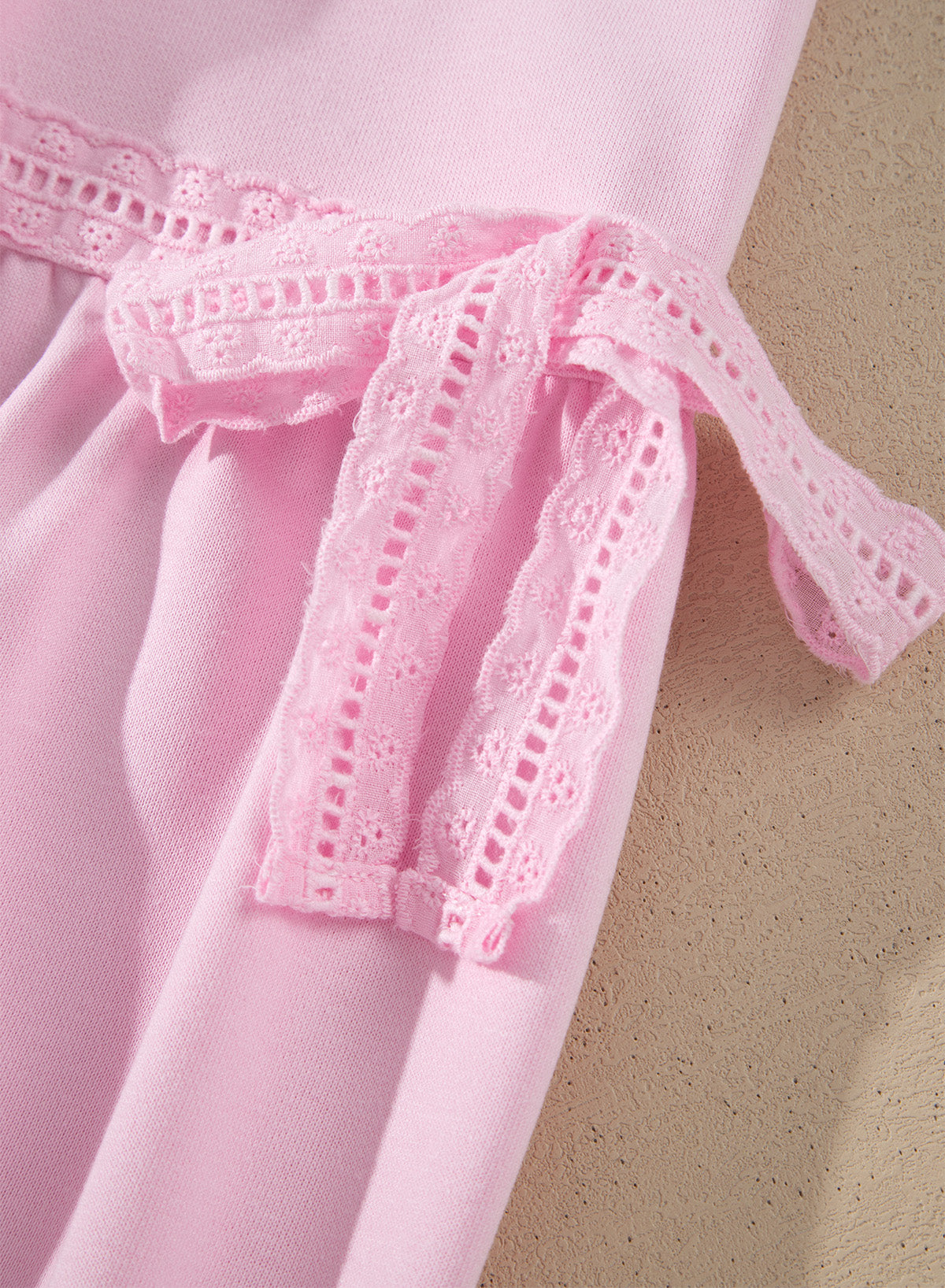 Pink Solid Color Raw Seam Lace Detail Loose Casual Sweatshirt