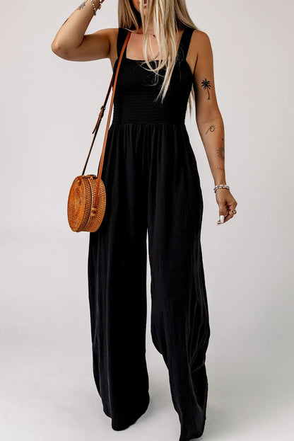 Black Smocked Sleeveless Wide Leg Jumpsuit with Pockets - Chic Meadow Boutique 