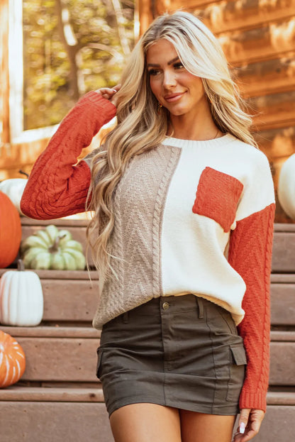 Gold Flame Colorblock Patched Pocket Drop Shoulder Sweater - Chic Meadow Boutique 