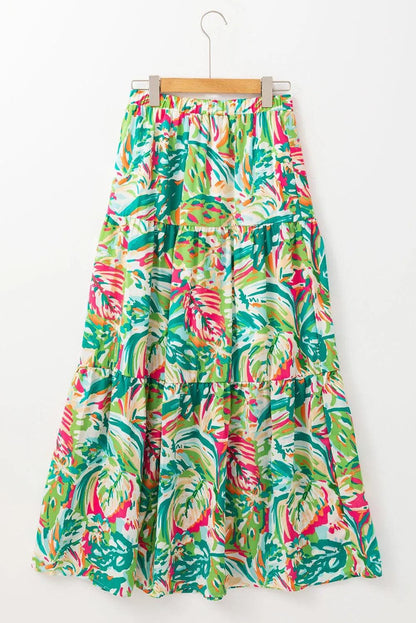 Bottoms/Skirts & Petticoat Green Abstract Printed High Waist Tiered Maxi Skirt