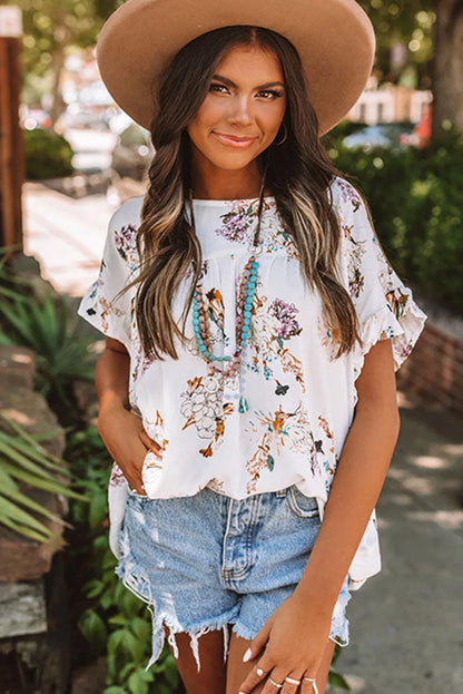 White Floral Ruffled Short Sleeve Back Knot Blouse - Chic Meadow Boutique 