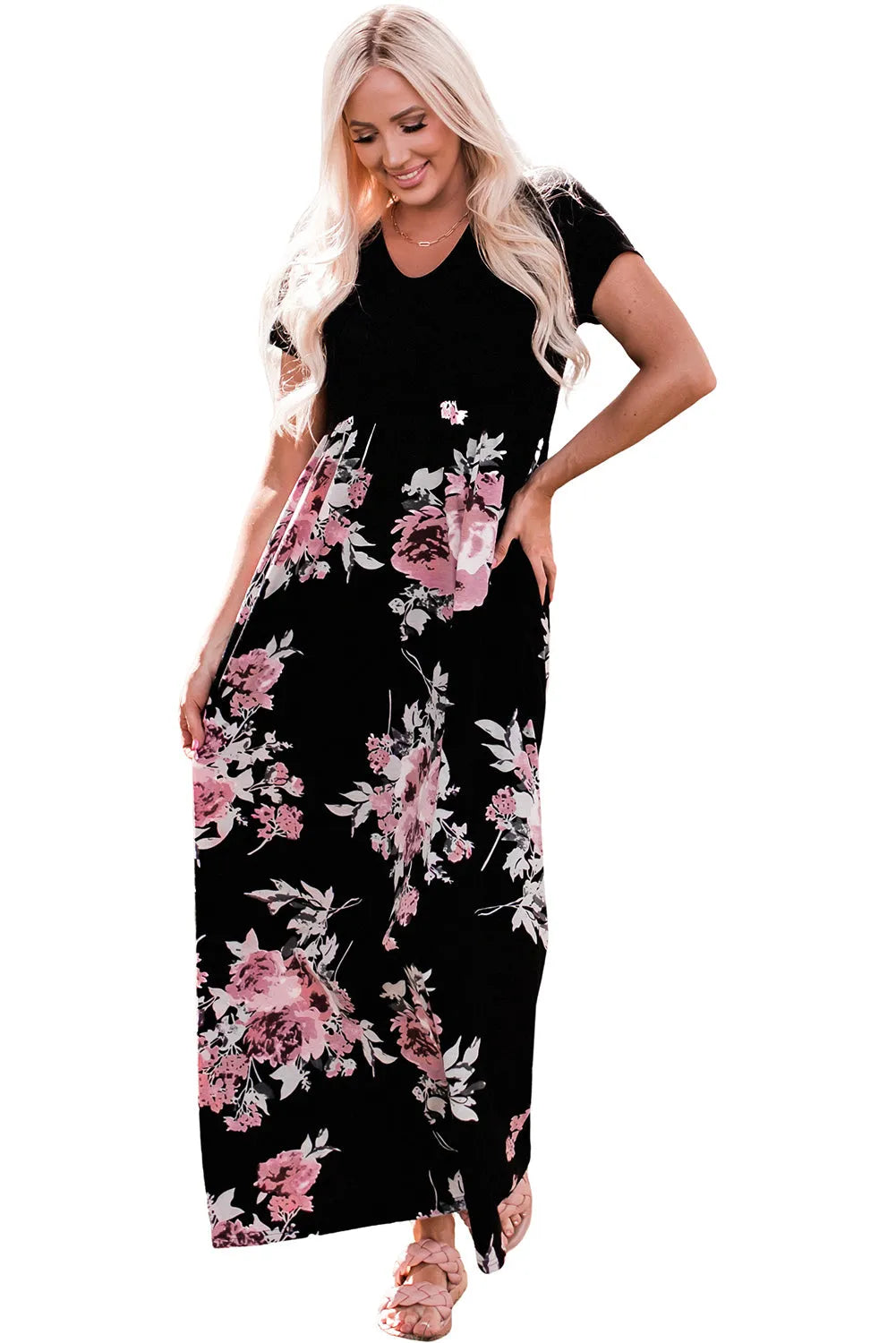 Black Contrast Floral Empire Waist Maxi Dress - Chic Meadow Boutique 