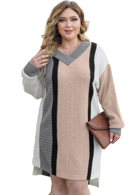 Plus Size/Plus Size Dresses/Plus Size Mini Dresses Apricot Mixed Boucl Color Block Plus Size Sweater Dress