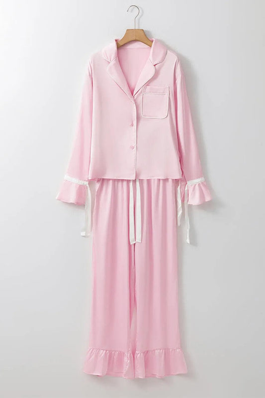 Loungewear & Sleepwear/Sleepwear Light Pink / S / 95%Polyester+5%Elastane Light Pink Satin Knot Accent Shirt and Ruffled Pants Lounge Set