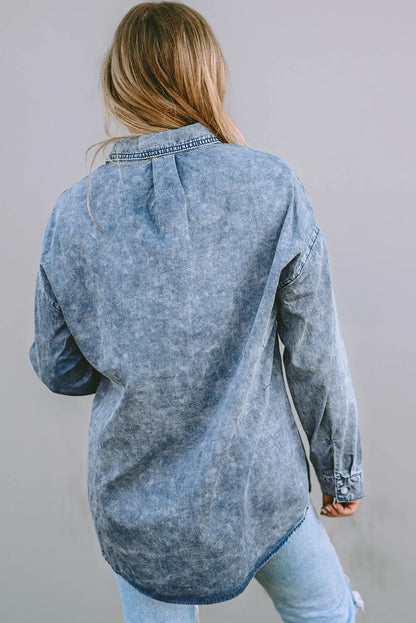 Sky Blue Vintage Washed Chest Pocket Denim Shirt - Chic Meadow Boutique 