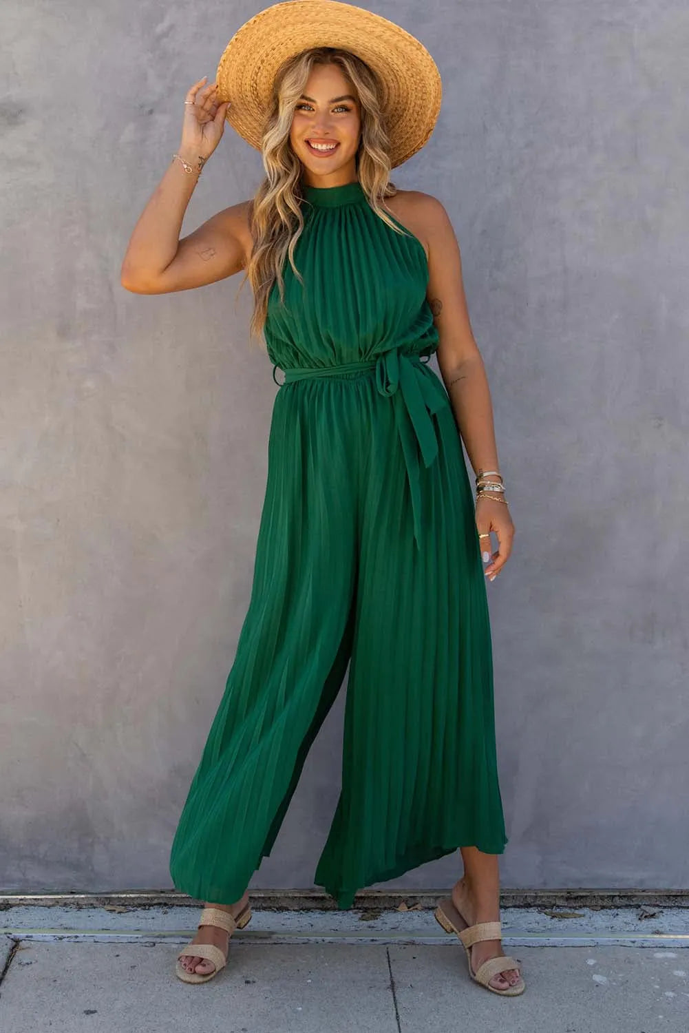 Green Halter Neck Pleated Wide Leg Jumpsuit with Belt - Chic Meadow Boutique 