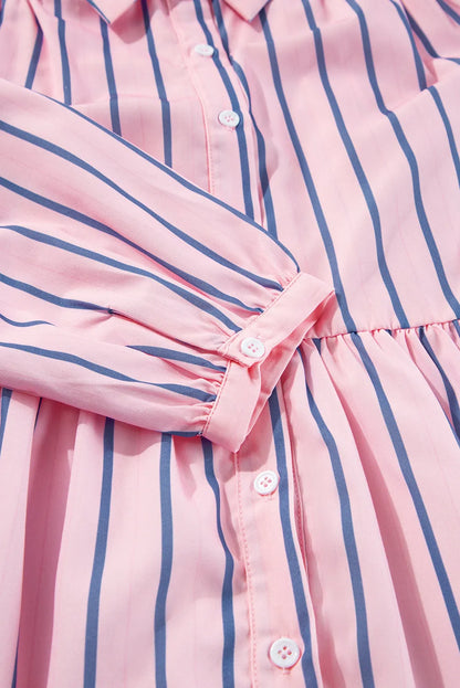 Pink Stripe Ruffled Hem Button-up Collared Shirt Mini Dress - Chic Meadow Boutique 