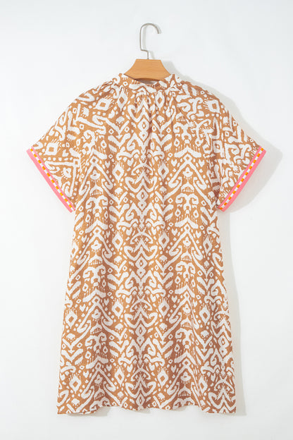 Khaki Western Fashion Print Striped Color Block Patchwork Shift Mini Dress