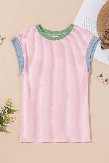 Pink Color Block Corded Knit Crew Neck Tee