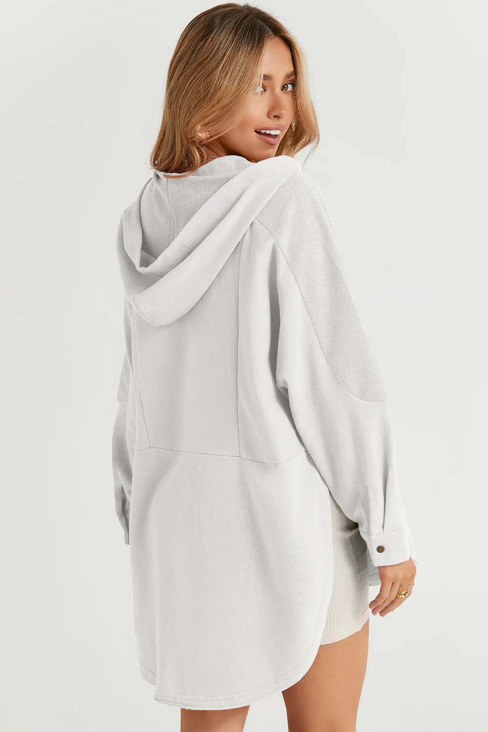 White Patchwork Side Pockets Oversized Henley Hoodie - Chic Meadow Boutique 