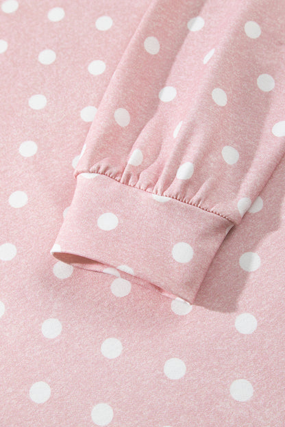 Pink Polka Dot Long Sleeve Top Drawstring Shorts Loose 2pcs Set