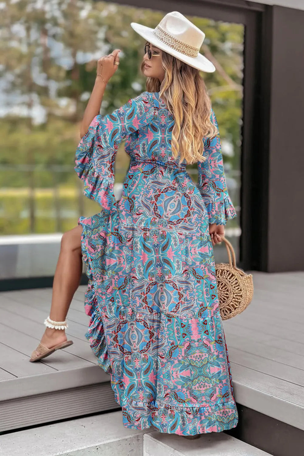 Paisley Printed Ruffle Trim Elegant Maxi Dress - Chic Meadow Boutique 