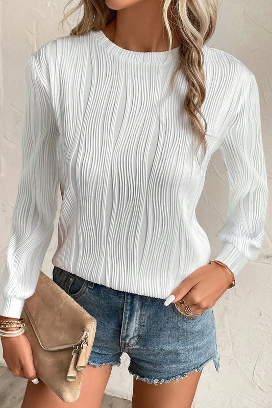 White Textured Wavy Round Neck Long Sleeve Top - Chic Meadow Boutique 