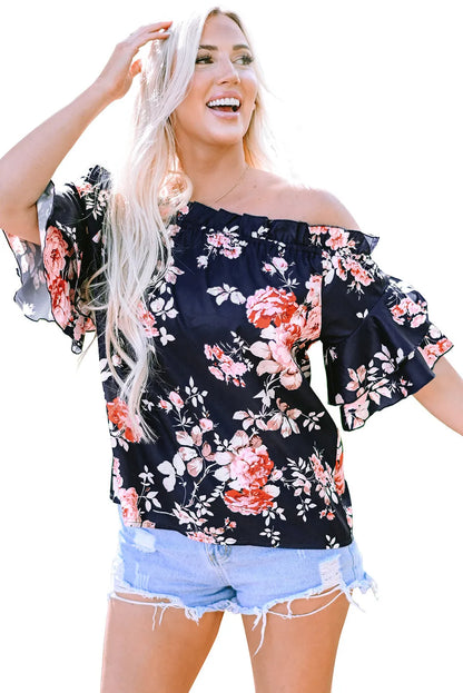 Blue Ruffle Off Shoulder Flounce Sleeve Floral Blouse - Chic Meadow Boutique 