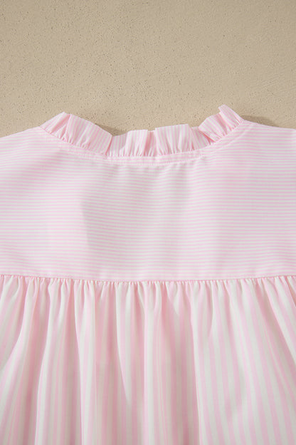 Pink Stripe Contrast Trim V Neck Flutter Sleeve Blouse